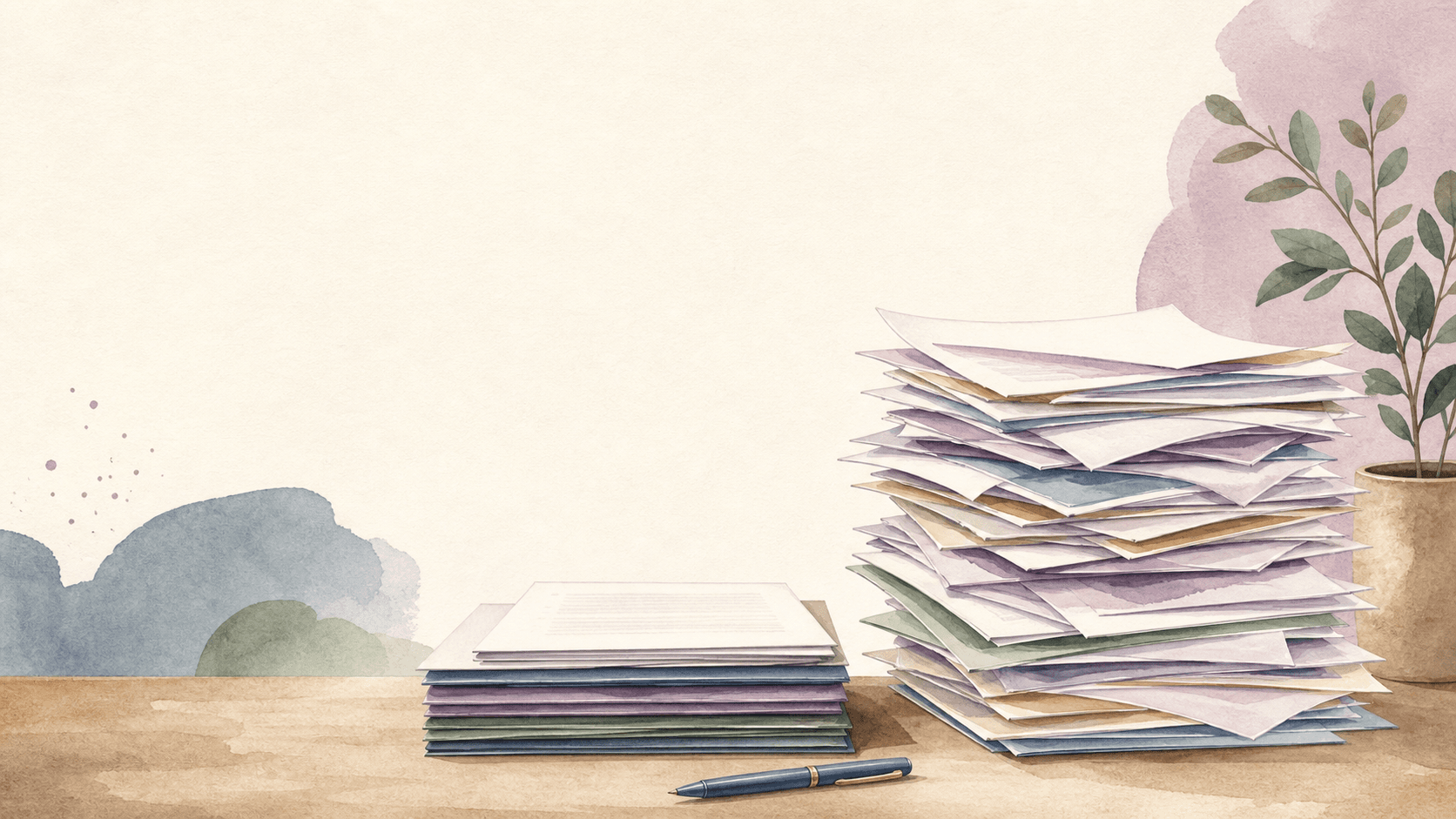 Watercolor contrast between a tidy application stack and a tall scattered stack