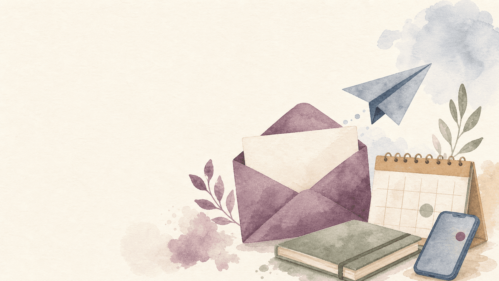 Watercolor email envelope, calendar, and notebook on a desk