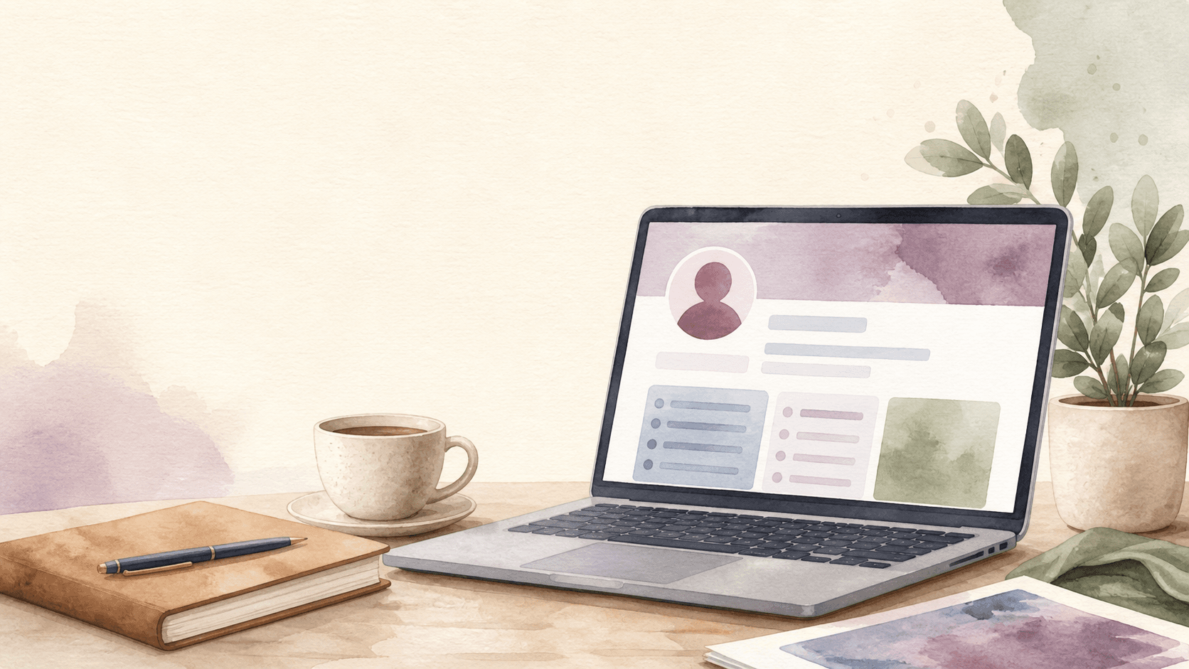 Watercolor laptop showing an abstract professional profile beside a notebook and coffee