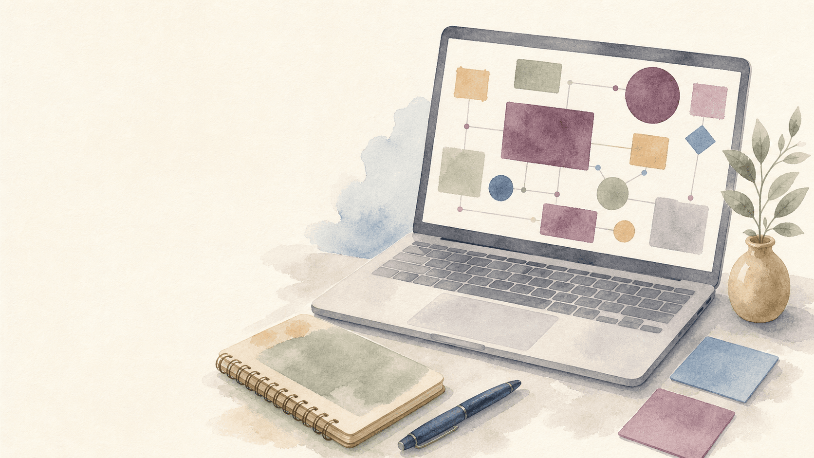 Watercolor laptop, project notes, and small sticky cards on a desk