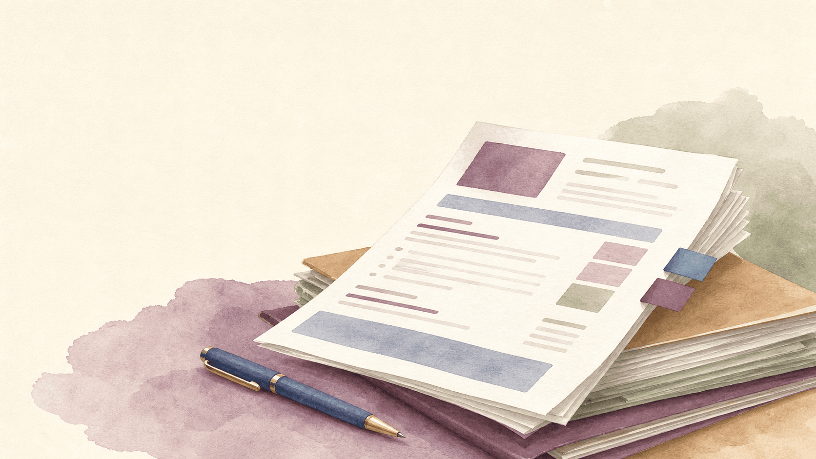 Watercolor resume pages, colour tabs, and a blue pen