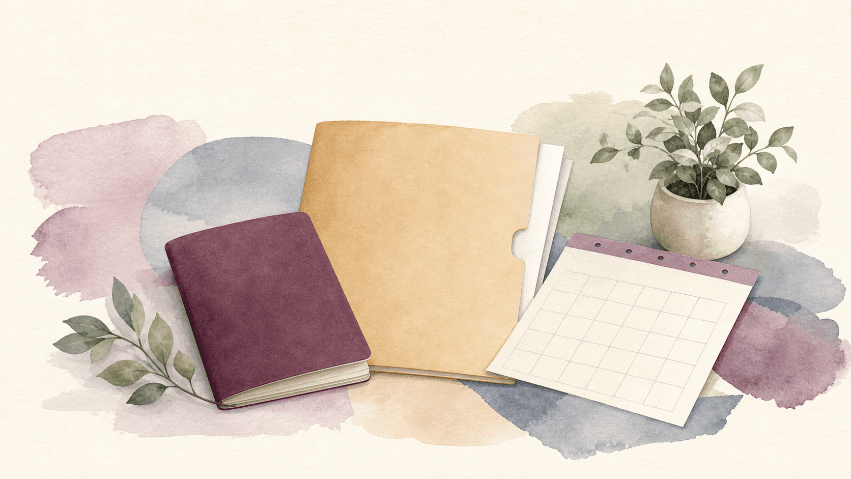 Watercolor desk scene with a document folder, calendar, and small plant