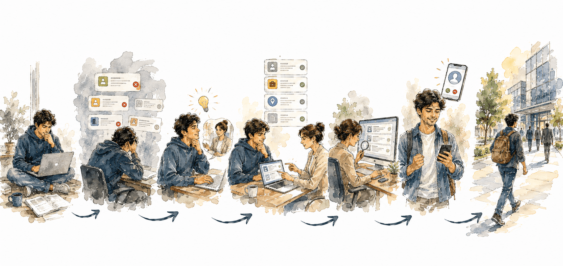 A student's job search journey: applying alone and facing rejections, then a BeWise specialist reviewing and submitting applications, an interview call, and finally arriving at a new workplace.